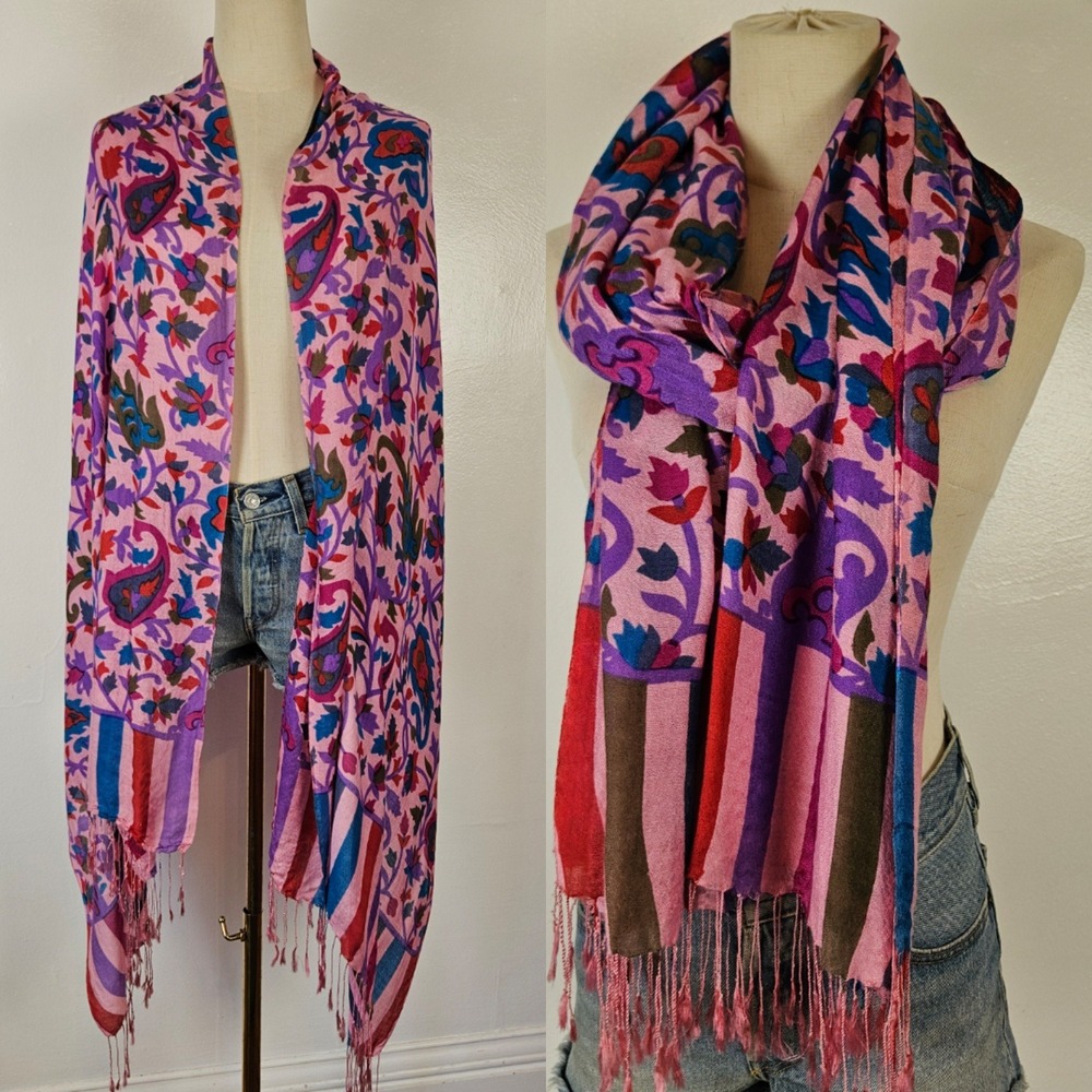 Paisley Floral Stripe Scarf Wrap 28x82" Pink Blue Olive Red